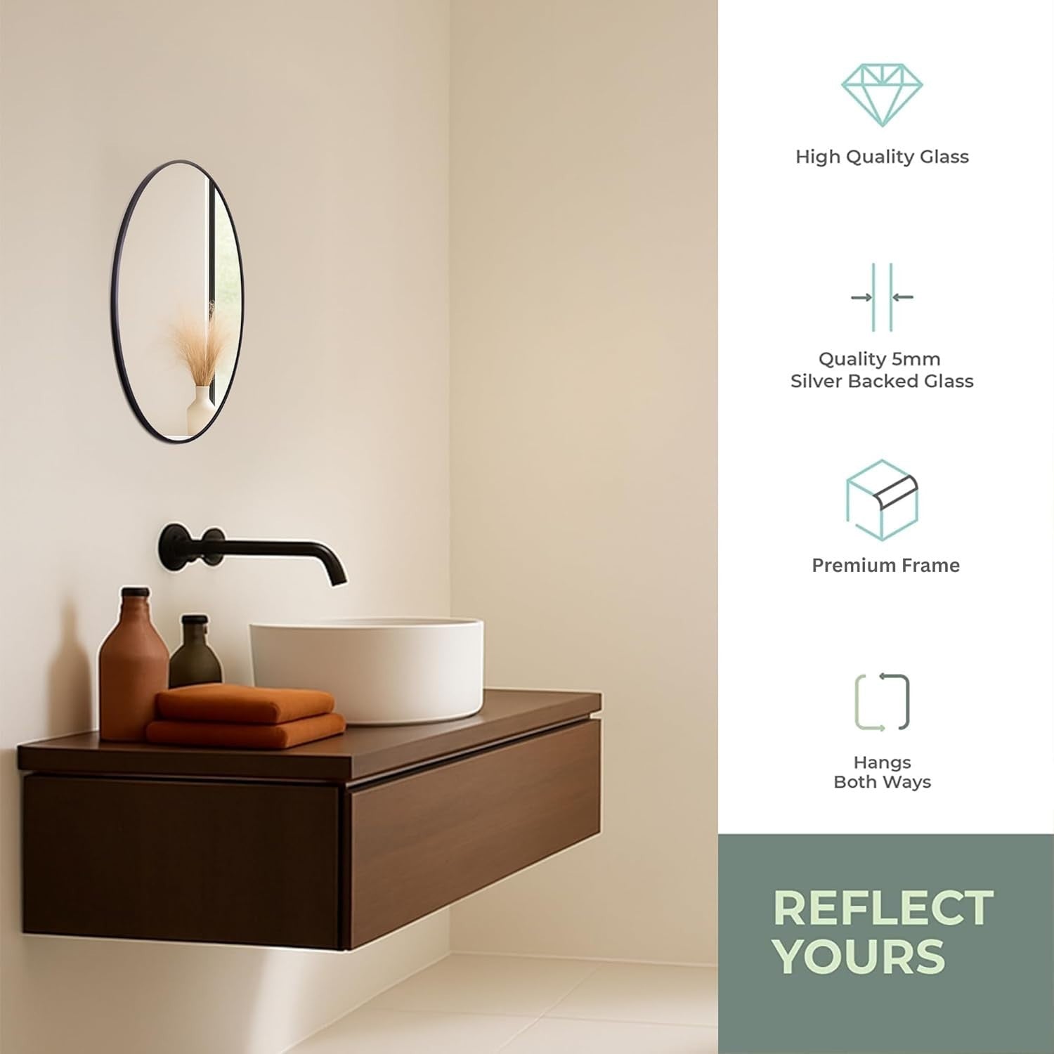 Modern Oval Black Bathroom Mirror 50x40 cm, Stylish Wall Mounted