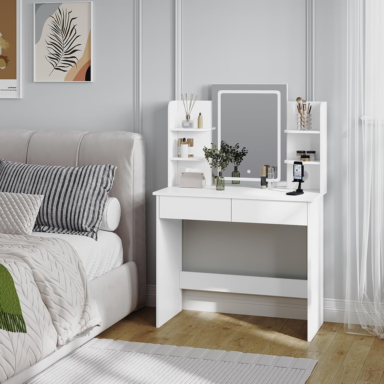 White Vanity Dressing Table Set LED Mirror Glass Top Charging Station 5 Drawers