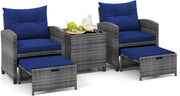 5-Piece Outdoor Rattan Patio Set with Cushions, Glass Table & Footstools