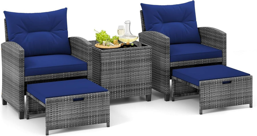 5-Piece Outdoor Rattan Patio Set with Cushions, Glass Table & Footstools