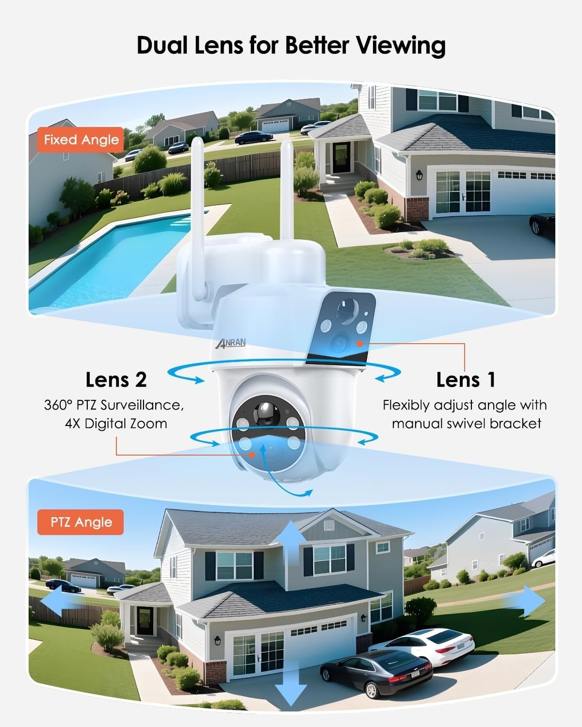 2K Dual Lens Solar Security Camera Wireless Outdoor PTZ WiFi IP66