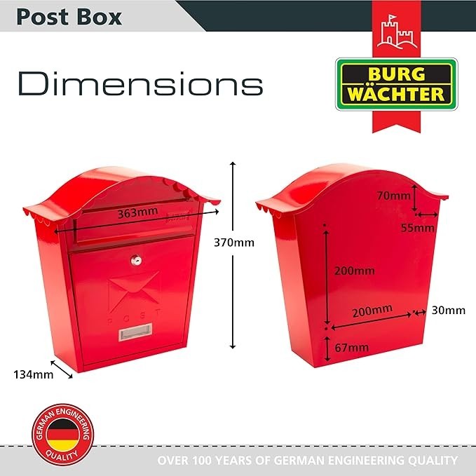 Lockable Wall Mounted Red Steel Post Box Weatherproof Secure Mailbox 36x37x13cm