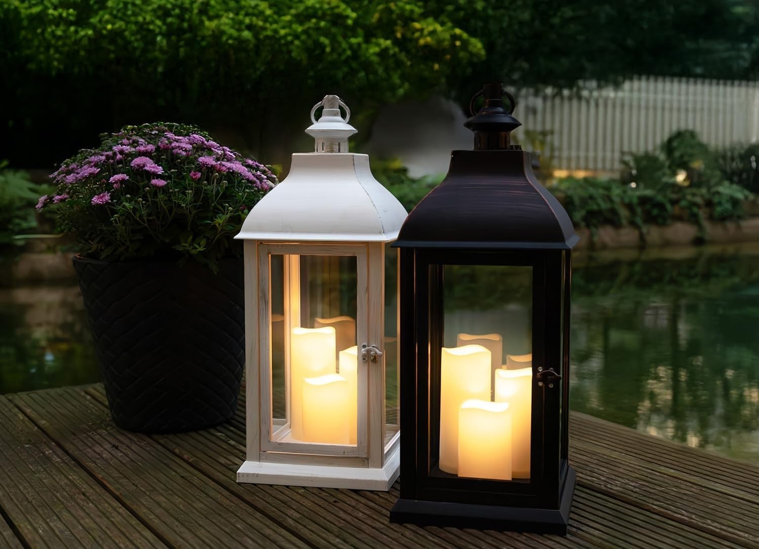 White Decorative Lantern with 3 LED Candles Flickering Light Timer