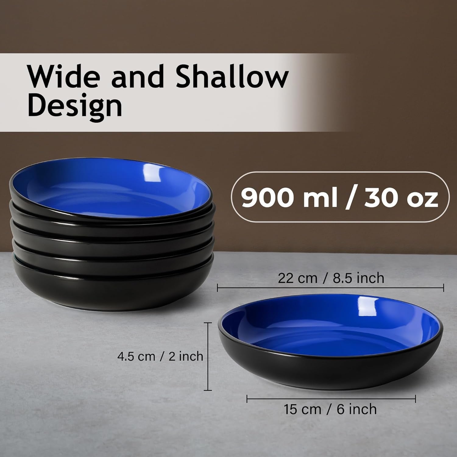 6x Large Pasta Soup Bowls 900ml Blue Stoneware Deep Salad Serving Bowls