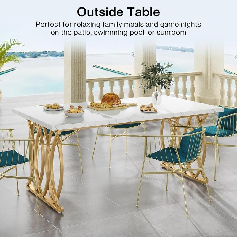 63" White Marble Dining Table with Gold Legs – 6 Seater Modern Table