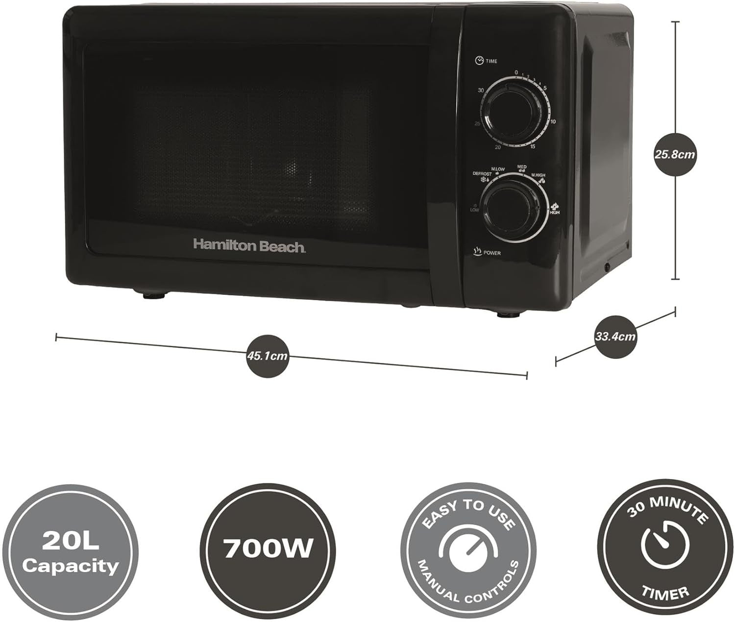 20L 700W Manual Microwave Oven 5 Power Levels Defrost Timer