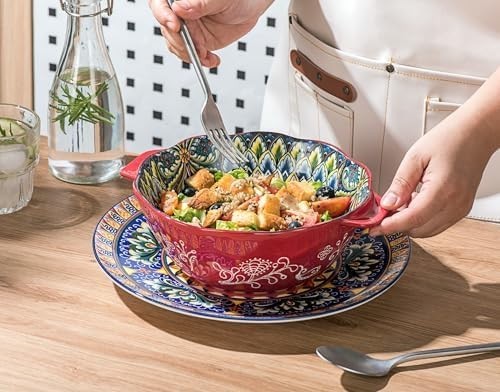 Henten Home Bohemian Salad Bowl Set of 2 – 49 oz Large Ceramic with Handles
