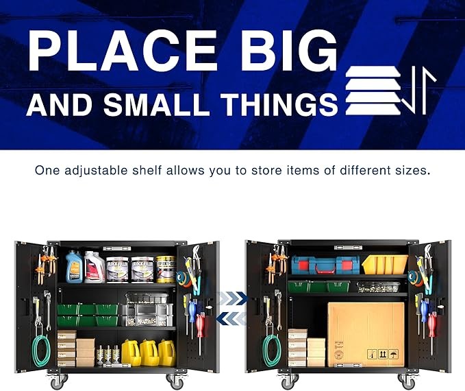 Metal Storage Cabinet with Wheels & Pegboard, Lockable Tool Cupboard with Adjust