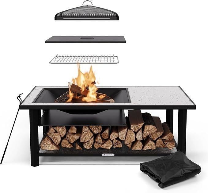 3-in-1 Fire Pit Table BBQ Outdoor Heater & Dining Table Terrazzo Top 122cm