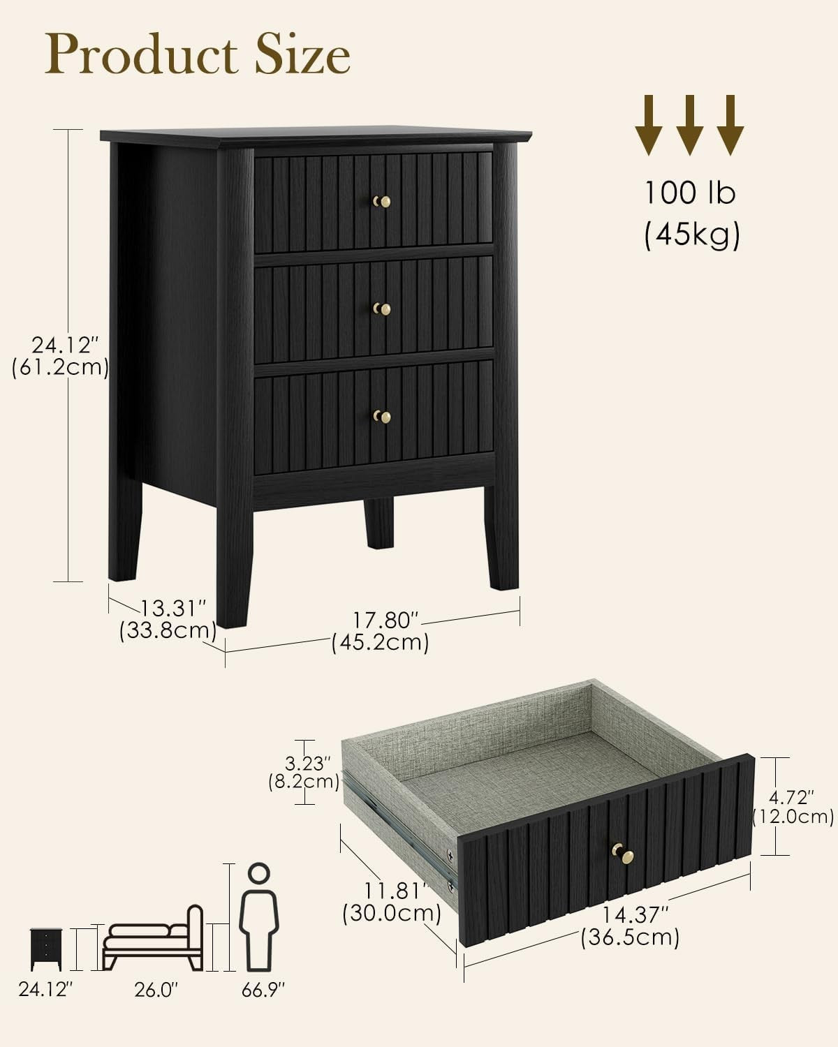 Modern Black Bedside Table with 3 Drawers Wooden Nightstand Bedroom Storage