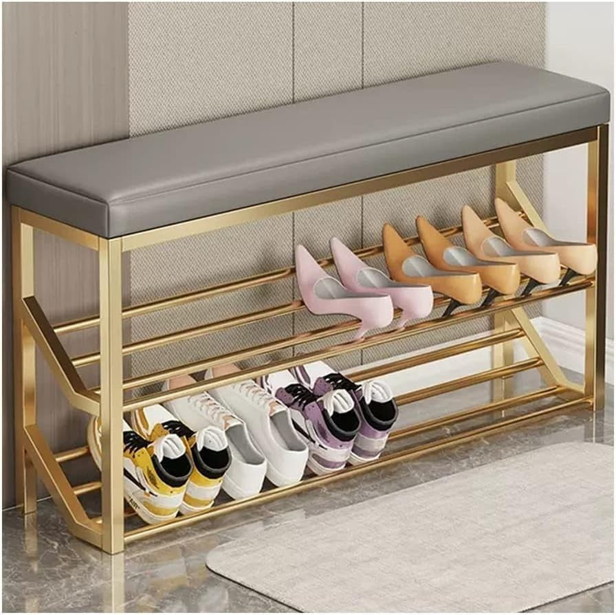 2-Tier Entryway Shoe Bench with Padded Seat & Metal Storage Rack Gold Gray