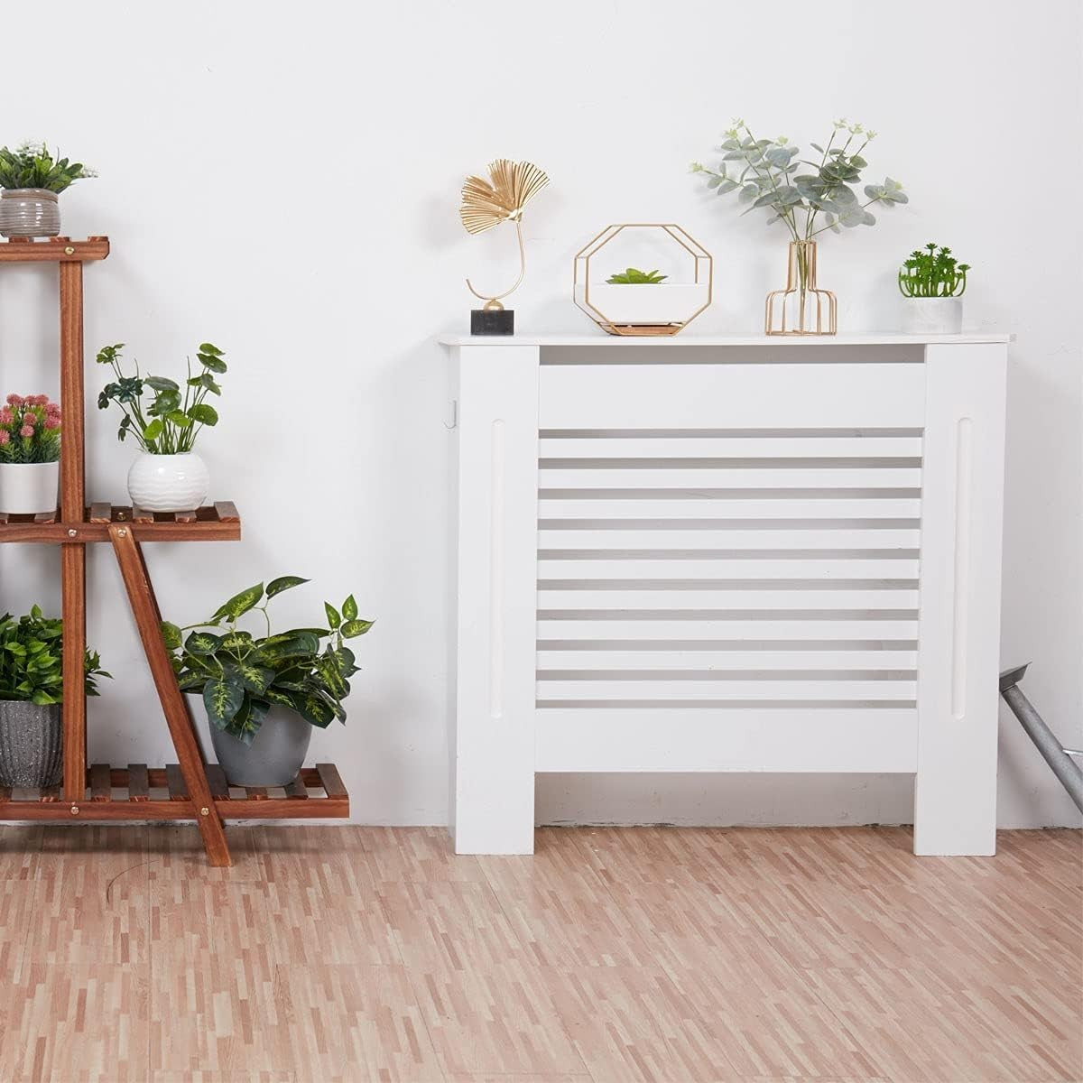 Modern White Radiator Cover Cabinet 92cm MDF Horizontal Slatted Heater Shelf