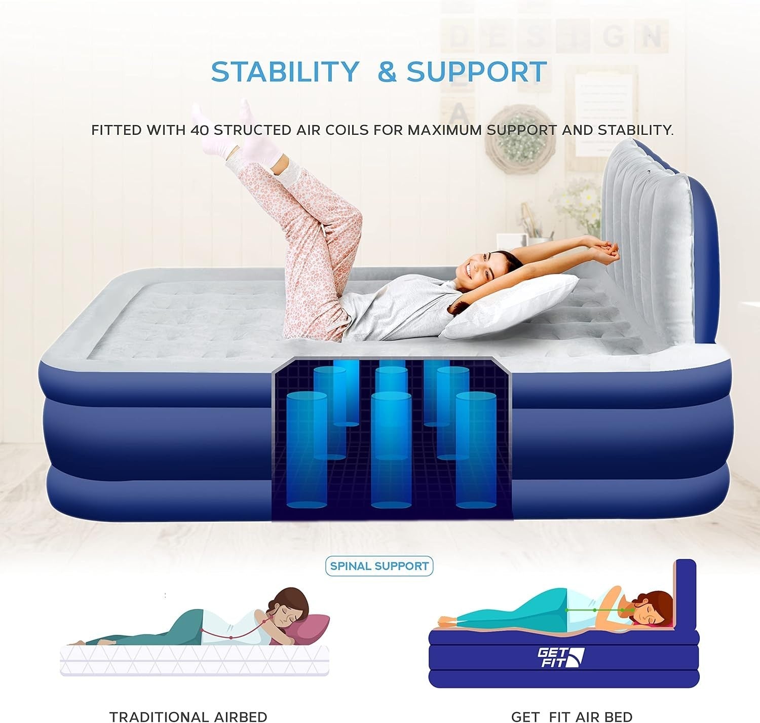 King Size Electric Air Bed with Headboard & 2 Inflatable Pillows – Quick Inflate