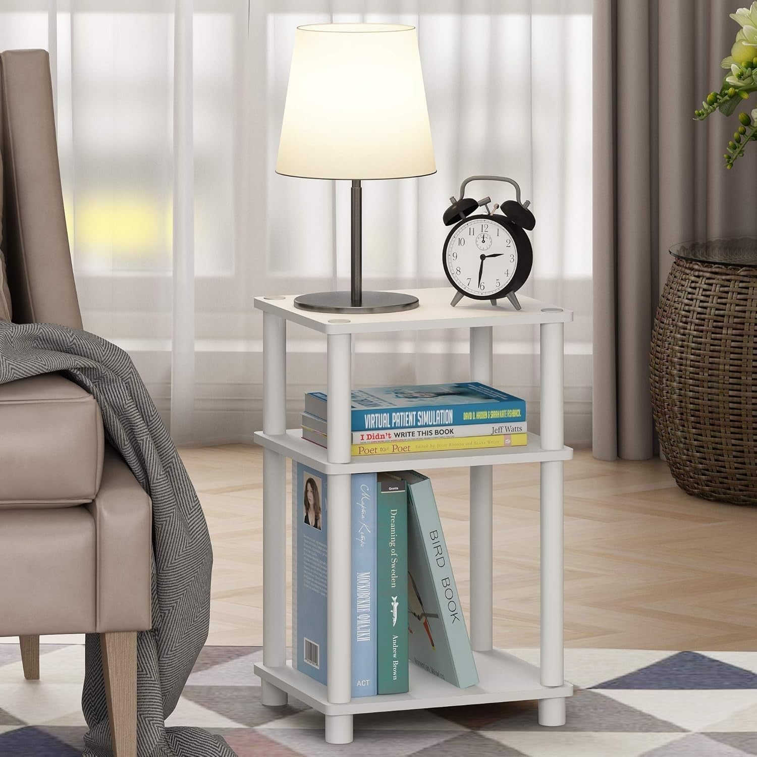 3-Tier End Table – 29x34x58cm Side Table Nightstand White w/ White Tube