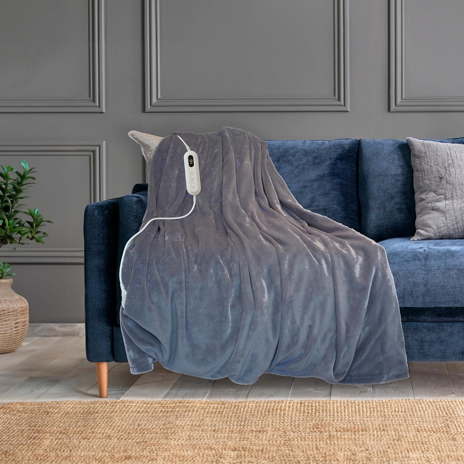 Electric Heated Throw Blanket Grey Reversible Sherpa 10 Heat Auto Off Washable