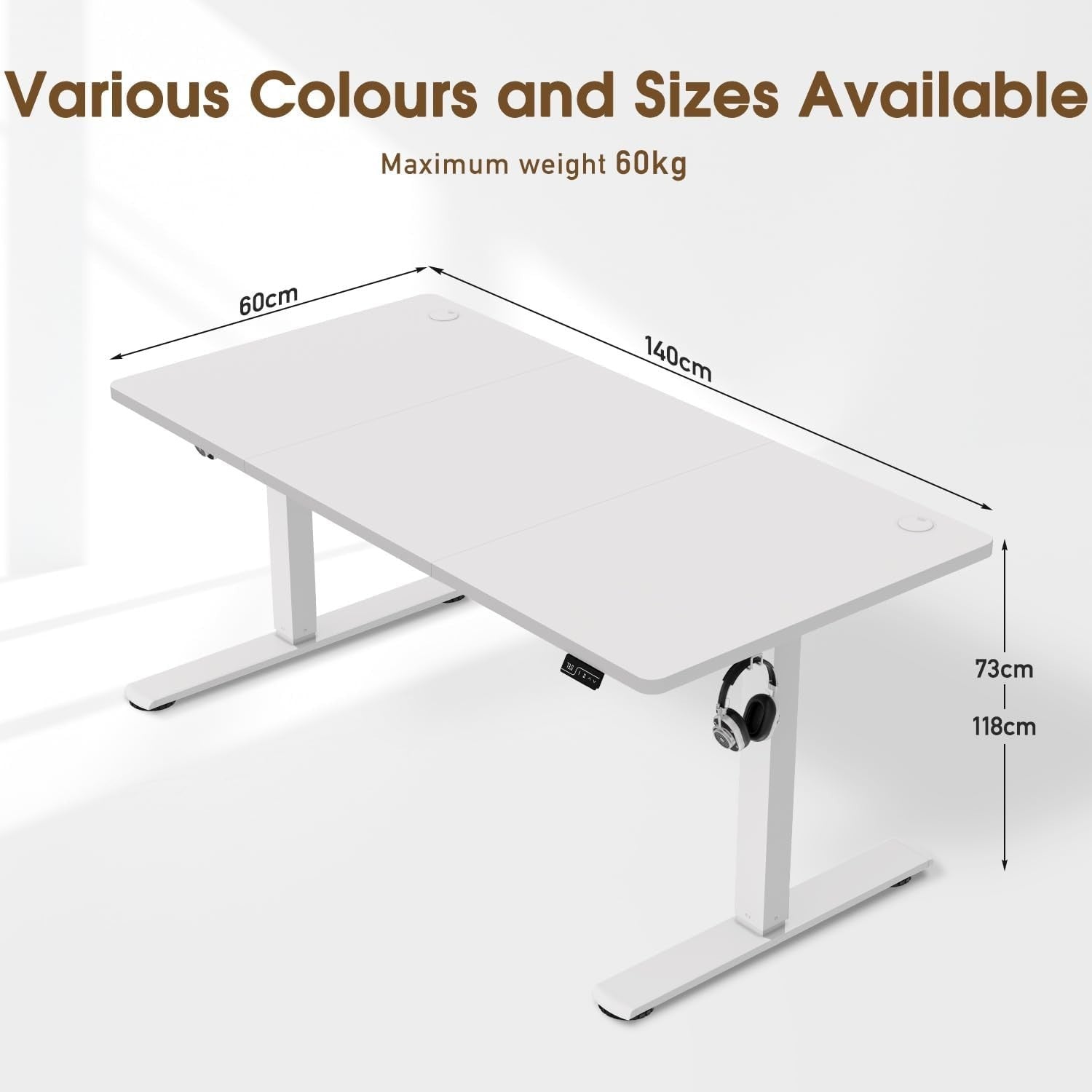 White Electric Standing Desk 140x60cm Adjustable Home Office Table