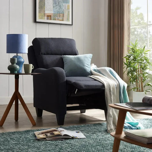 High Back Recliner Armchair Push Back Dark Grey Fabric Lounge Chair