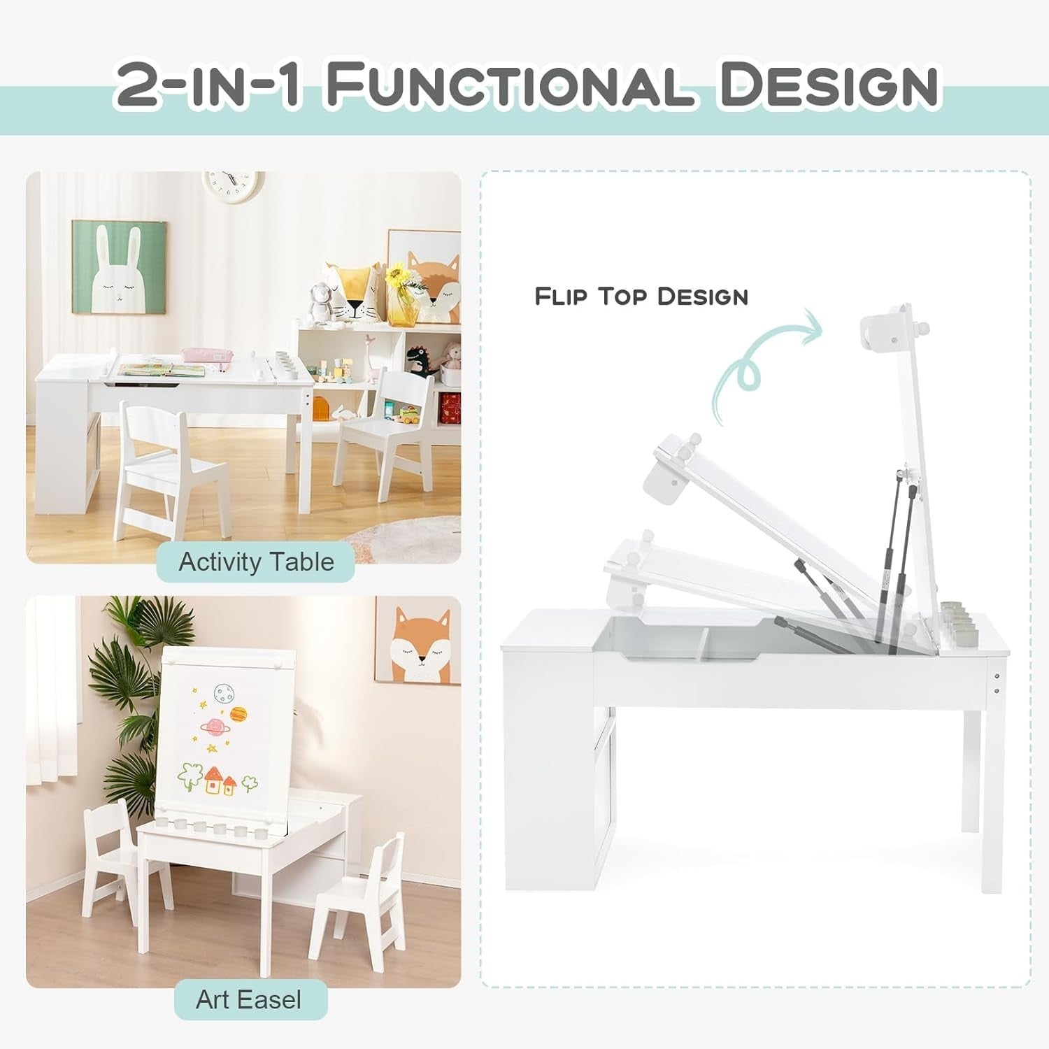 Kids Art Table and Chairs Set with Storage Boxes Drawing Desk White 6 Cups
