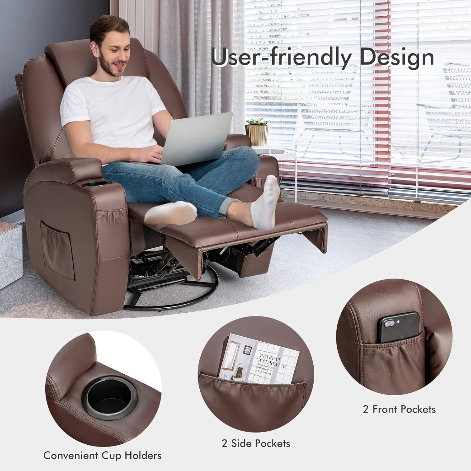 Massage Recliner Chair Swivel Rocking Heated Sofa w/ Footrest Cup Holders