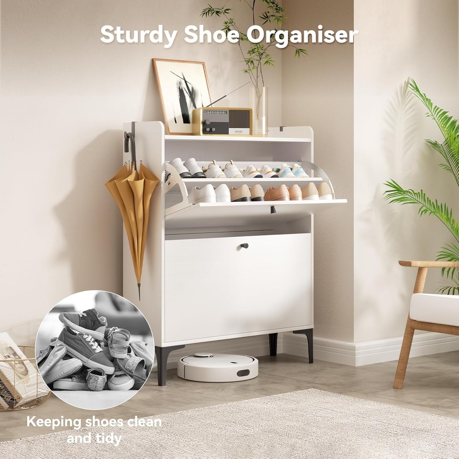 Modern White Shoe Cabinet with Flip Drawers & Adjustable Dividers 80x24x100cm