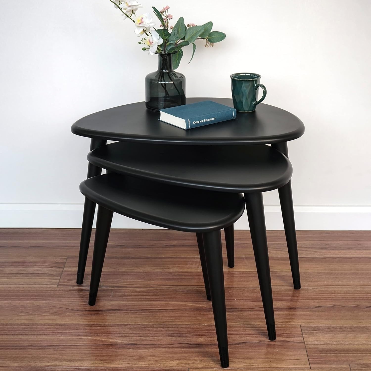 Space Saving Coffee Table Side End Bedside Round Wood Walnut Black