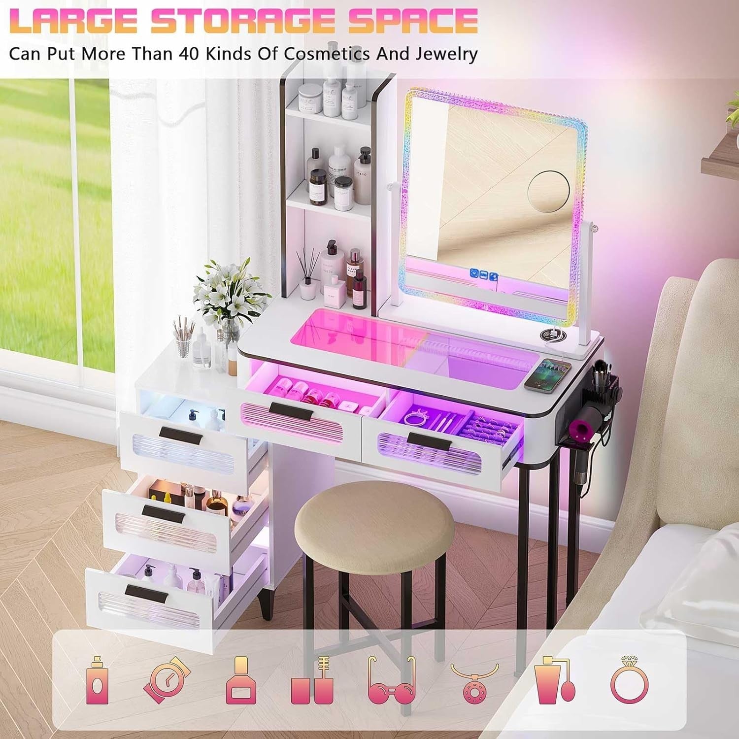 White Vanity Dressing Table Set 10 LED Lights Storage Shelf Cabinet & Gold Handl