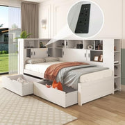 Single Storage Bed with Drawers, Shelves, USB, Bookcase, White 3FT