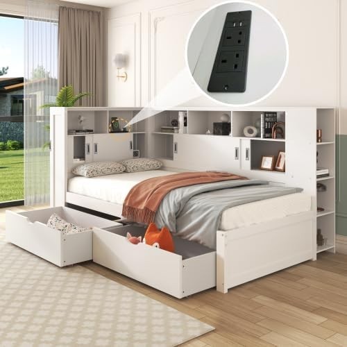 Single Storage Bed with Drawers, Shelves, USB, Bookcase, White 3FT
