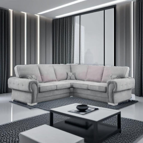 Grey Chesterfield 5-Seater L-Shape Sofa with Soft Chenille & High Back