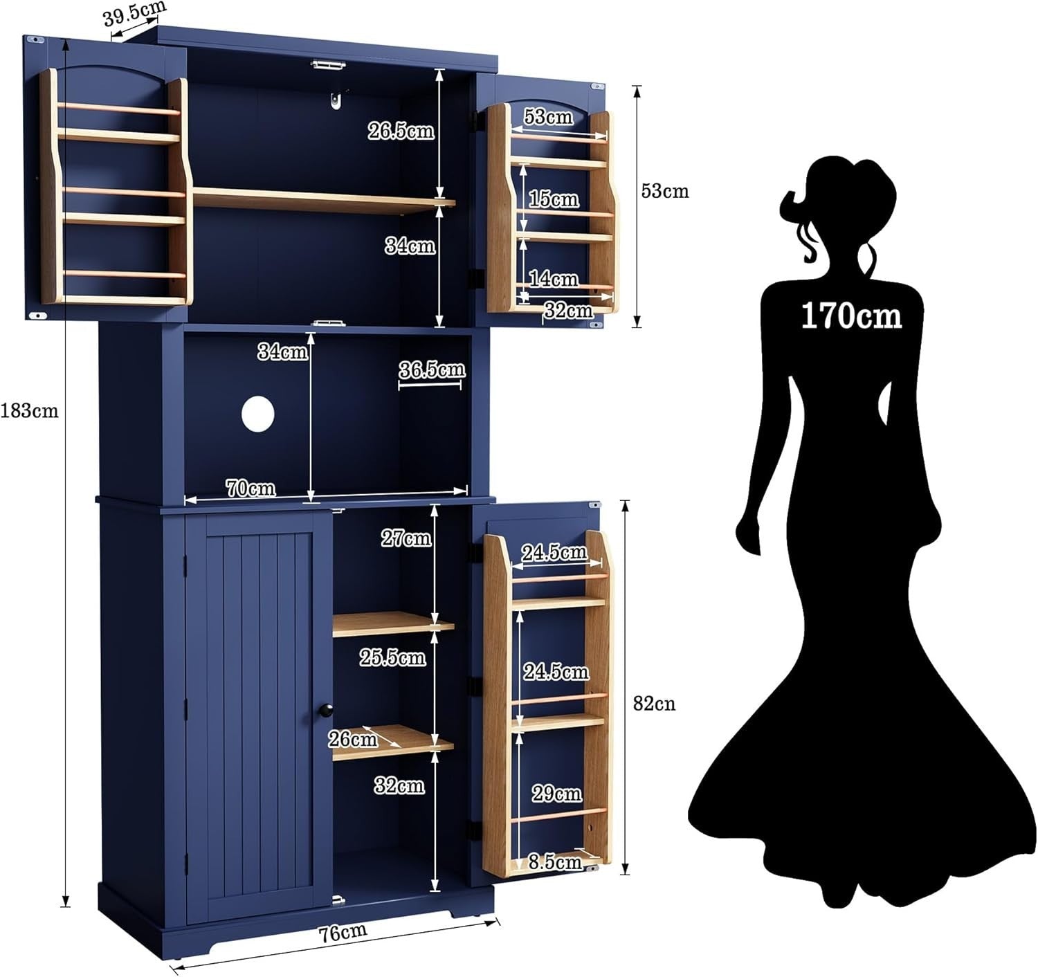 Blue Tall Kitchen Cabinet Pantry Cupboard 2 Doors Shelves 183cm