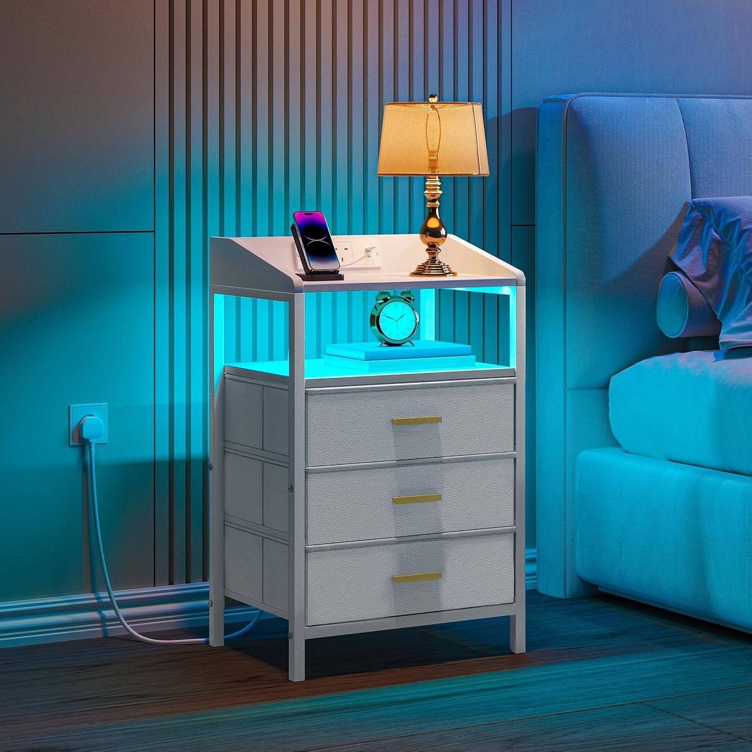 White LED Bedside Table with USB Ports & 3 Drawers