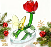Crystal Red Rose Ornament with Butterfly • Glass Flower Gift • Romantic Decor