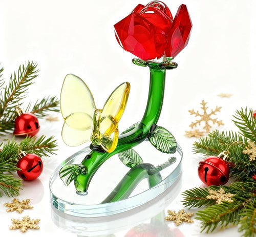 Crystal Red Rose Ornament with Butterfly • Glass Flower Gift • Romantic Decor