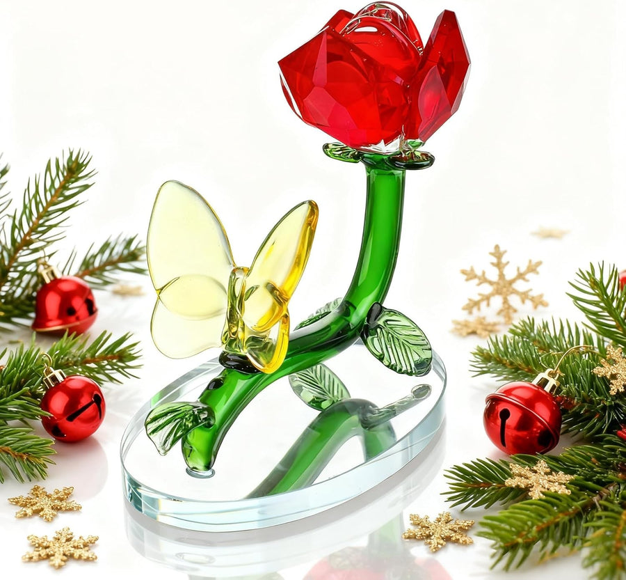 Crystal Red Rose Ornament with Butterfly • Glass Flower Gift • Romantic Decor