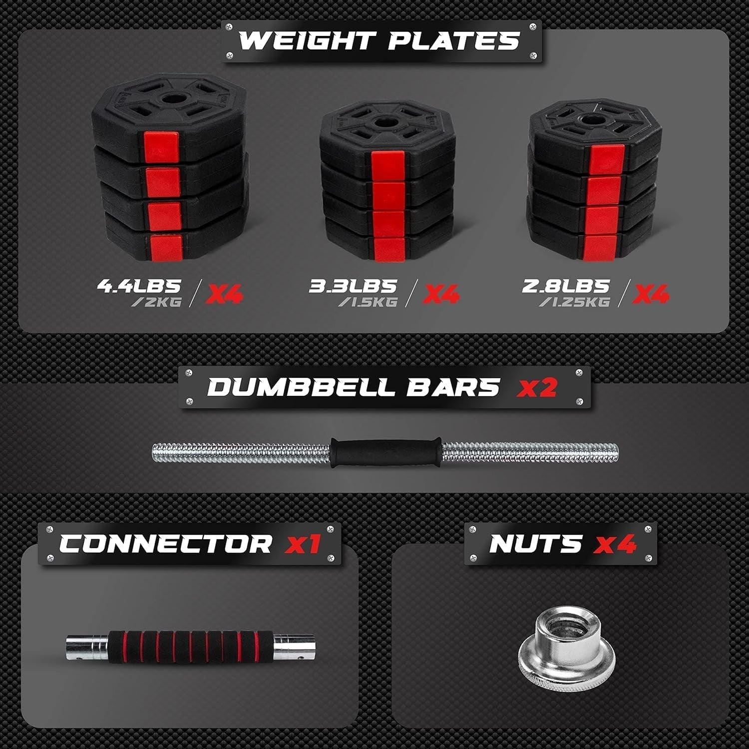 44LB Adjustable Dumbbells Set with Connector Non-Slip Home Gym Weights