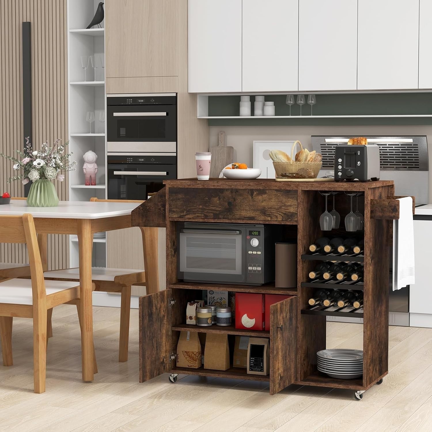 Rolling Kitchen Island Cart with Drop Leaf, Wine Rack & Adjustable Shelves – Rus