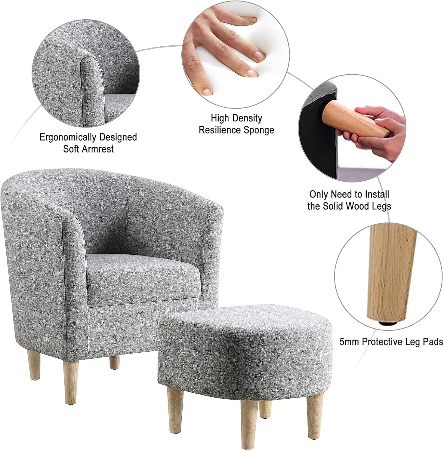 Grey Tub Chair & Footstool Set Linen Accent Armchair Lounge Seat