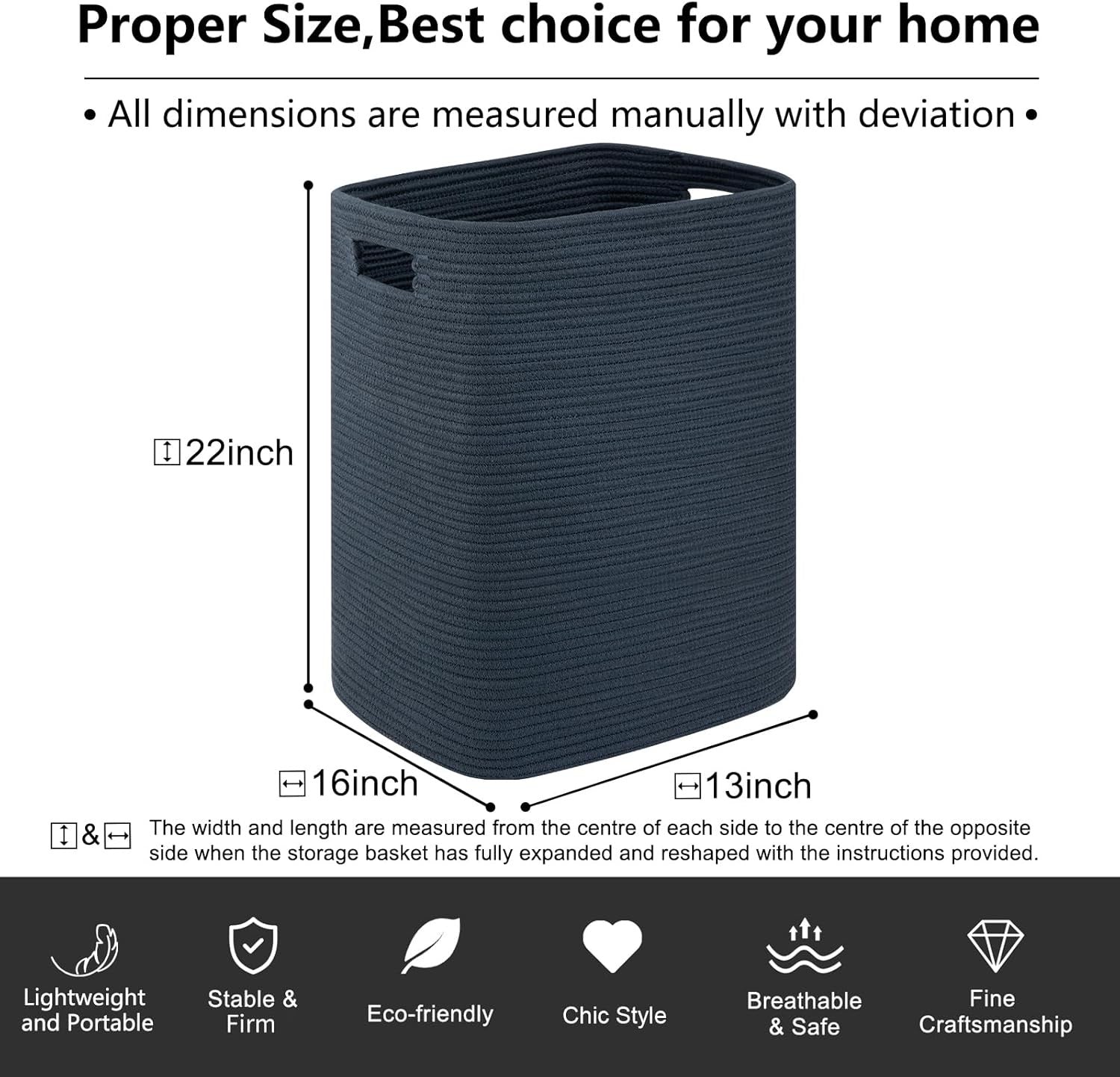 Large Woven Laundry Basket with Handles 16x13x22in Cotton Storage Hamper Blue