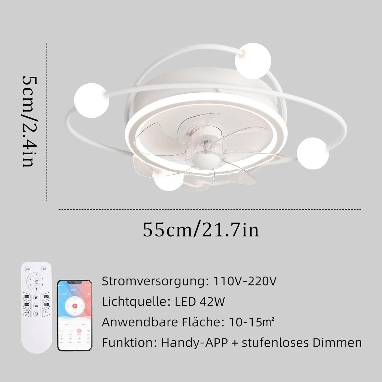 Modern 58CM Ceiling Fan with LED Light, 6-Speed, DC Motor, Remote & App