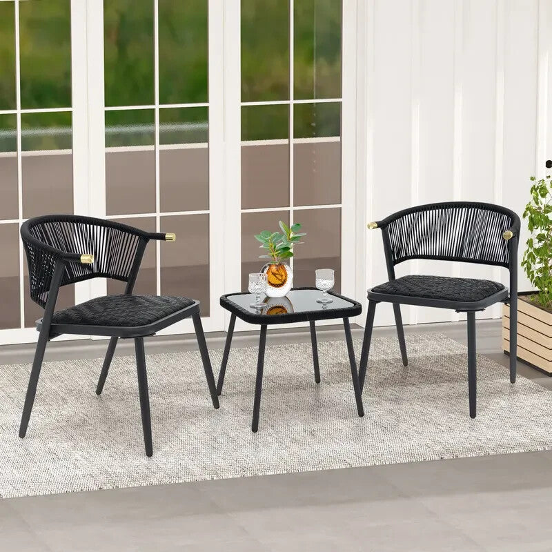 3pc Rattan Garden Bistro Set Black Chairs & Glass Coffee Table Patio Set