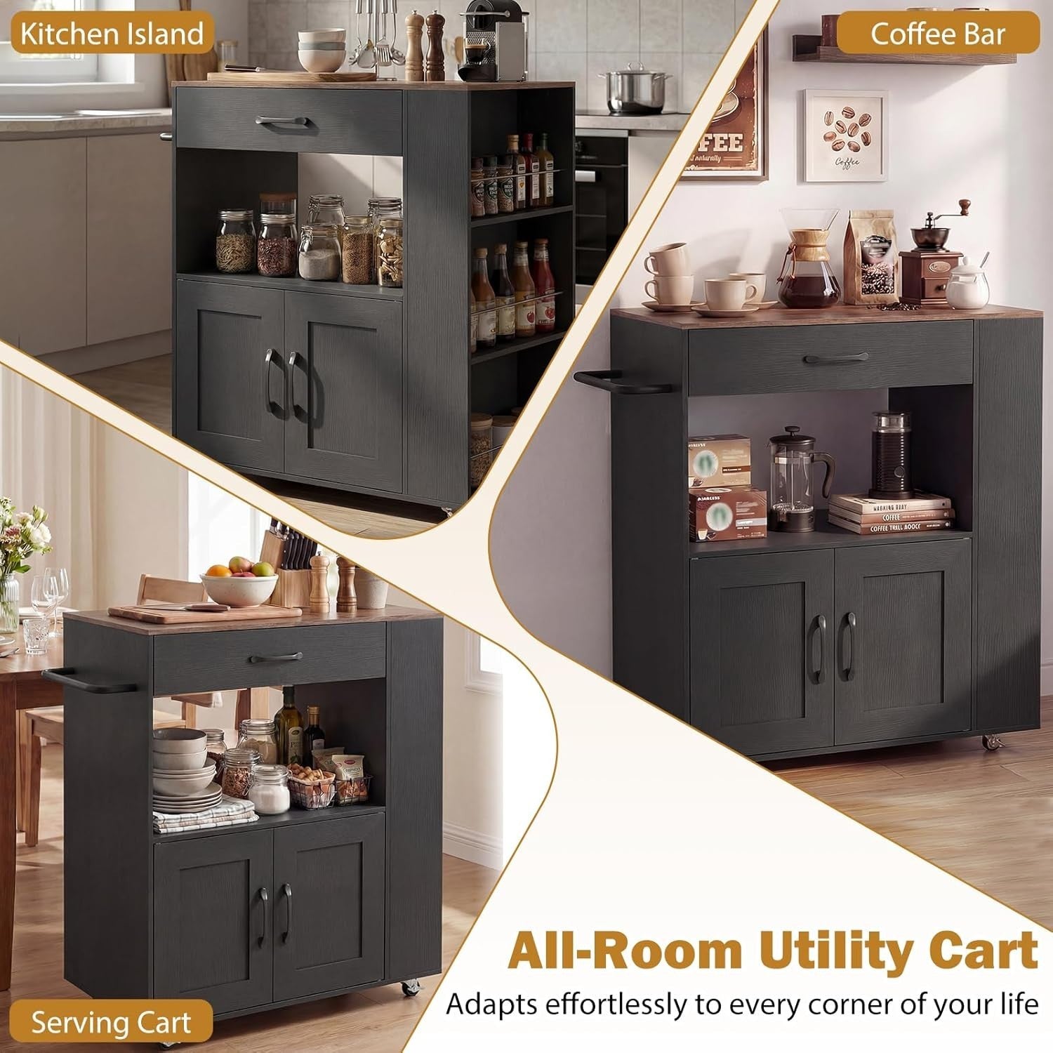 Kitchen Island Trolley Cabinet with Spice Rack Black