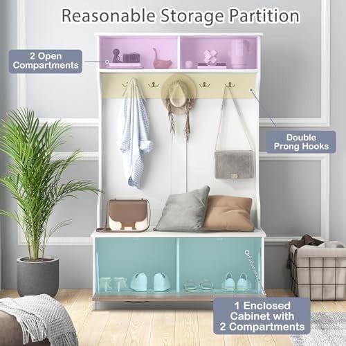 Freestanding Coat Rack with Shoe Bench & Hooks for Hallway Bedroom Home
