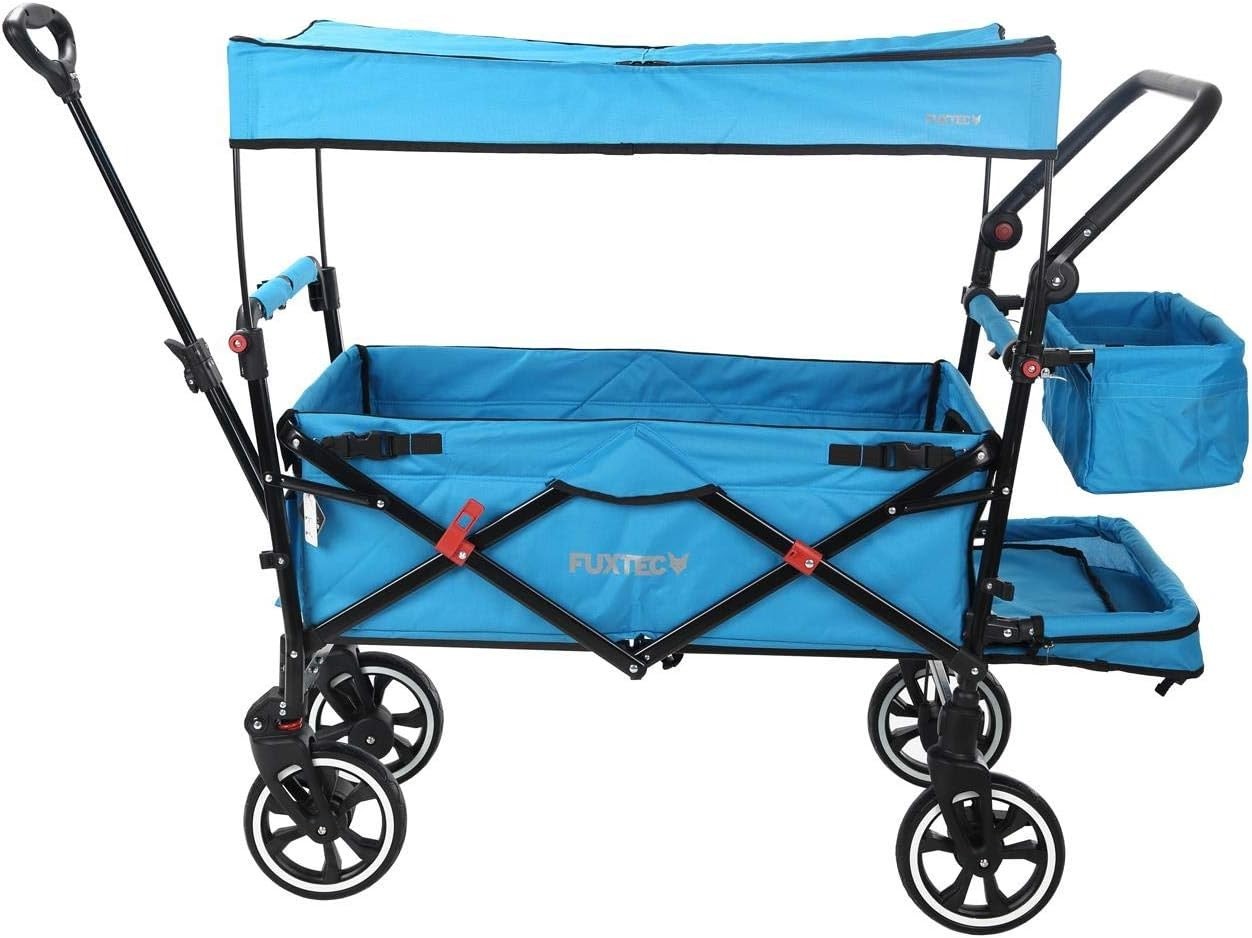 Blue Folding Stroller Wagon Kids Push Pull Cart w/ Canopy & Safety Harness