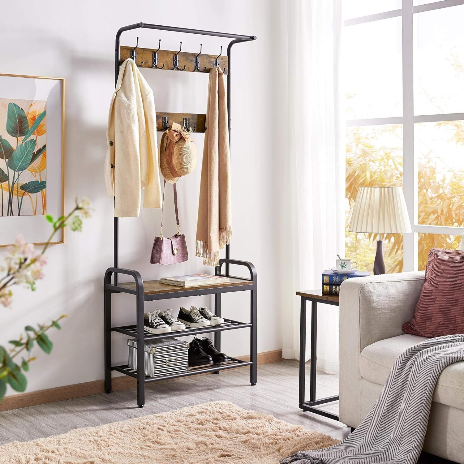 Rustic Brown Coat Rack with Shoe Bench & 23 Hooks | Hall Tree Entryway