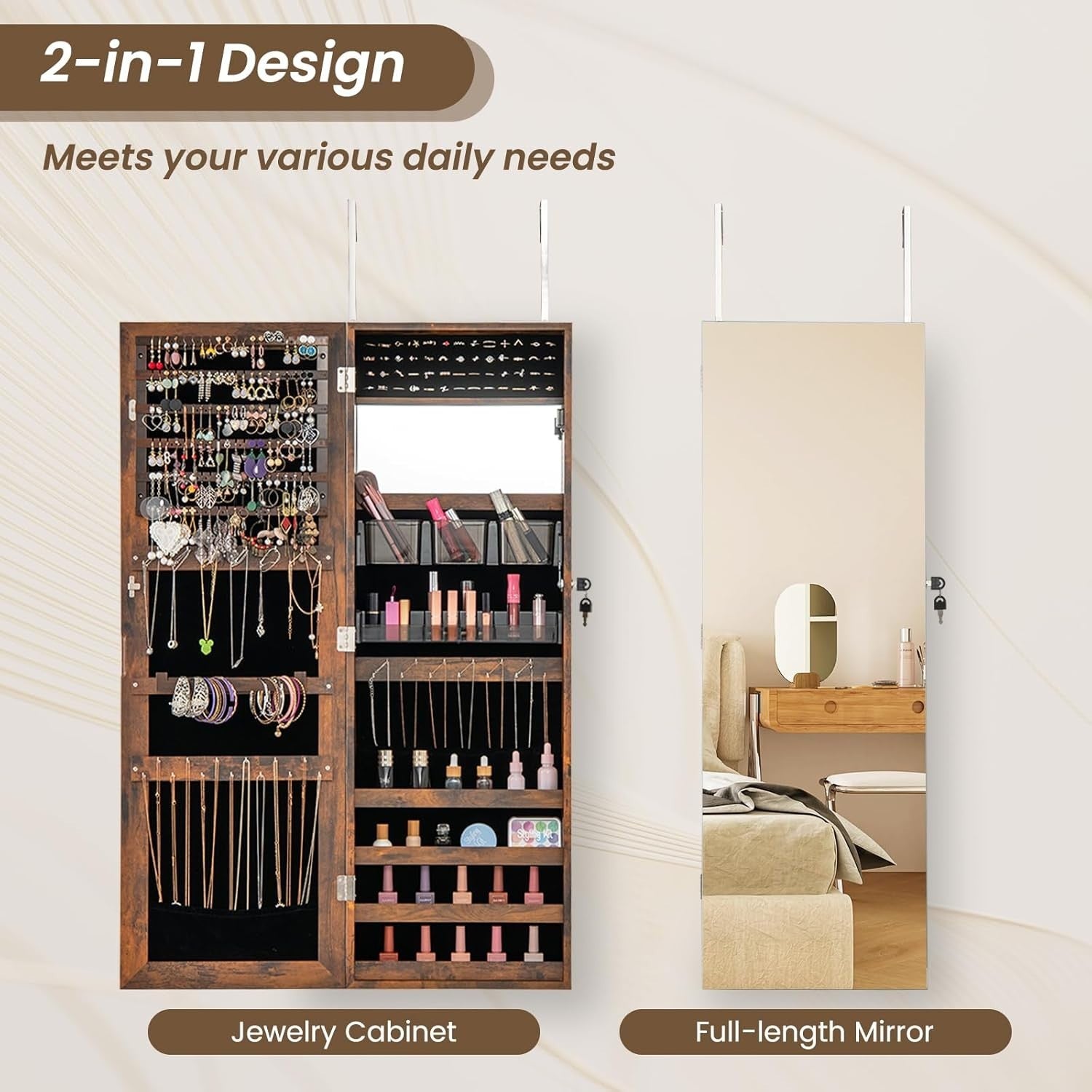 Rustic Brown Wall Door Jewelry Armoire Lockable Full Length Mirror