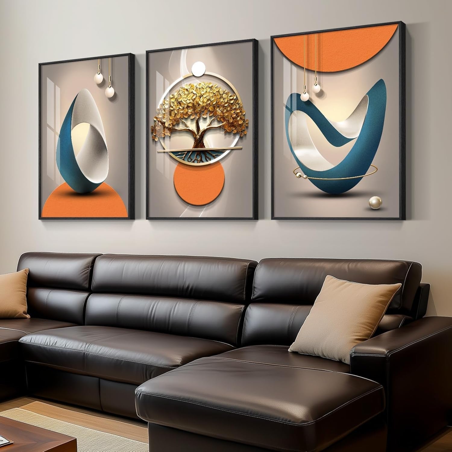 Large Framed Abstract Wall Art 3 Panel 24x36in Modern Orange Grey