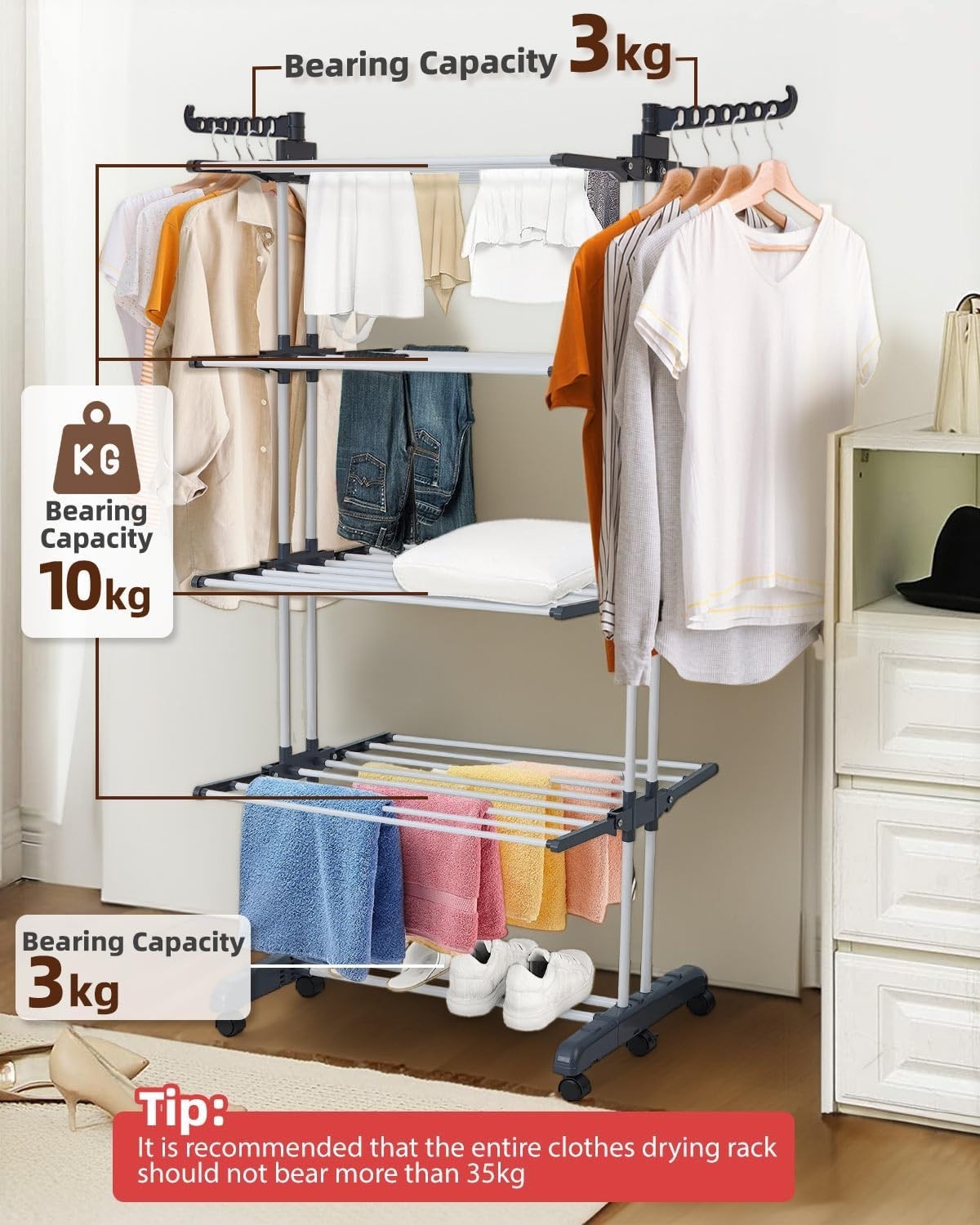 5-Tier Foldable Stainless Steel Clothes Drying Rack with Wheels – Grey