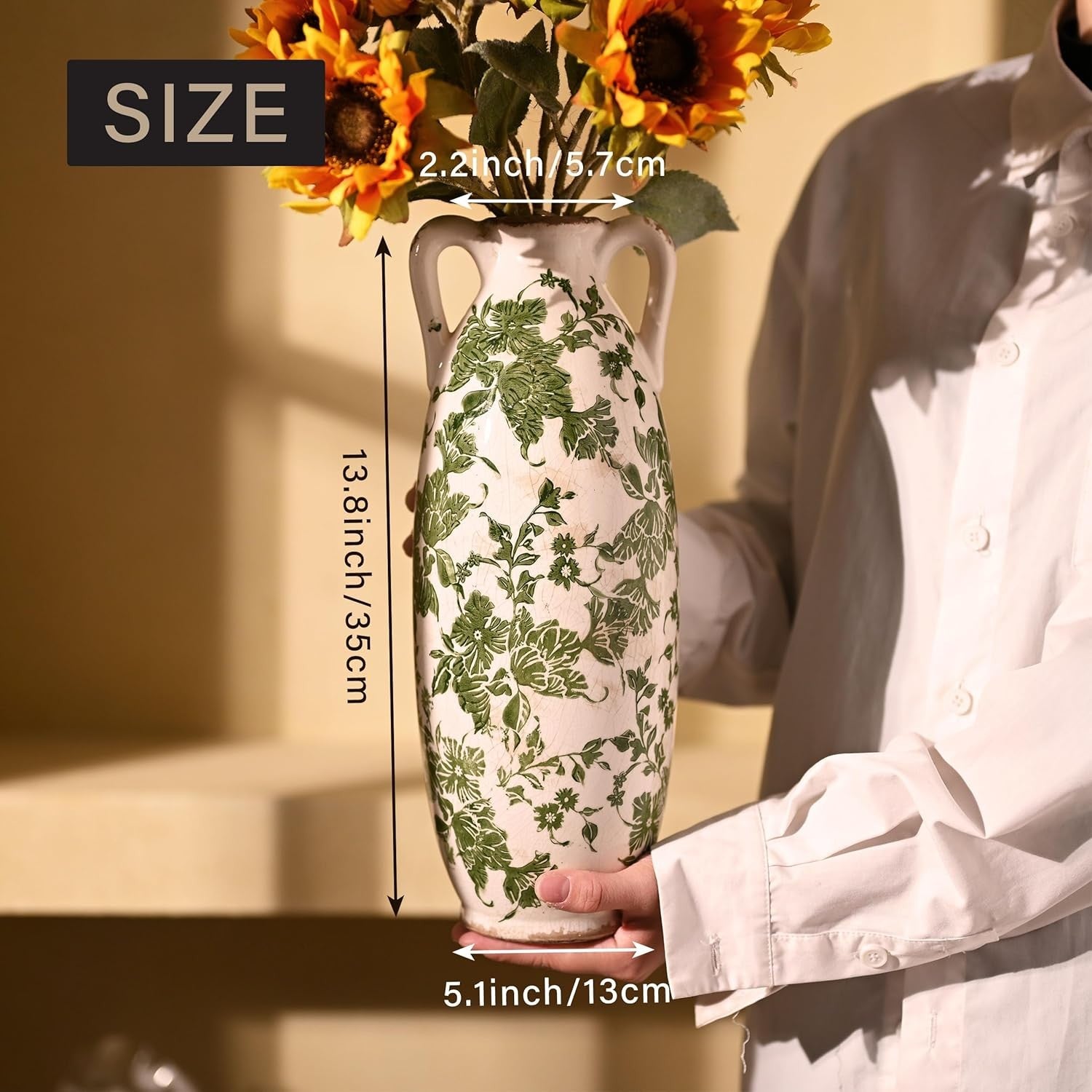 Tall Green White Ceramic Floor Vase for Pampas Grass Farmhouse Decor 13.8"