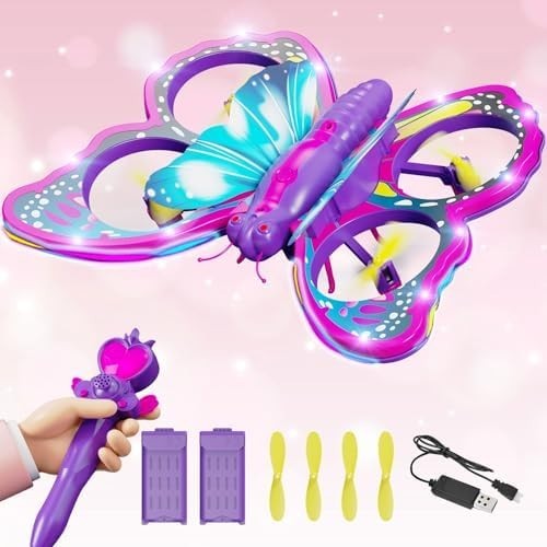 Kids Butterfly Drone RC Quadcopter with Lights, 2 Batteries & Stunts