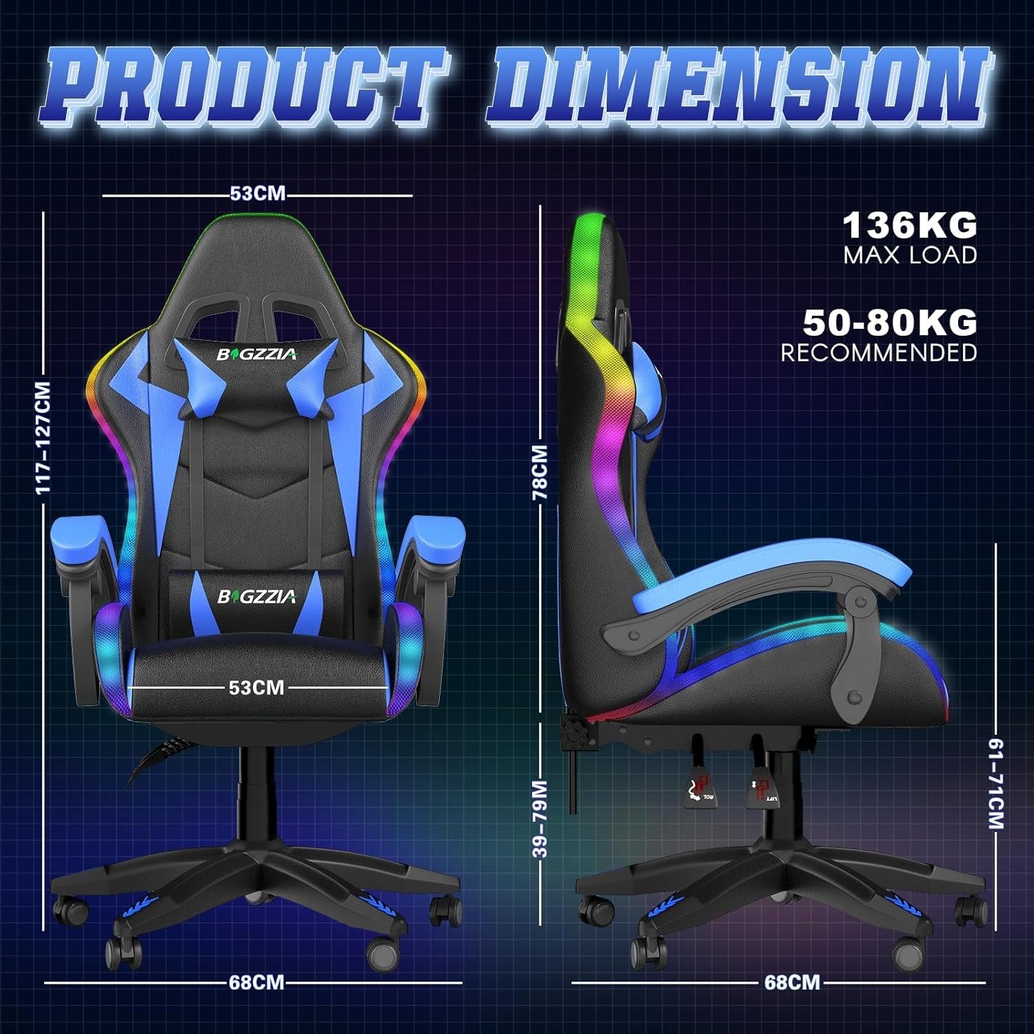 RGB LED Gaming Chair Reclining PU Leather Ergonomic Blue